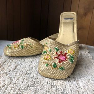 Gold HYPE Floral Beaded Slip On Heels
